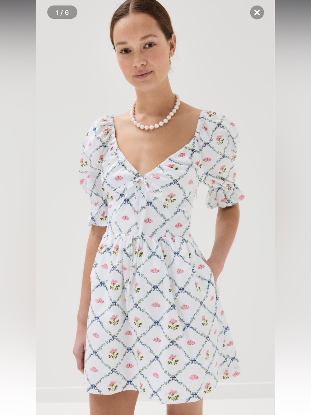 Hill House White Mini Dress with Pink & Blue Floral Lattice